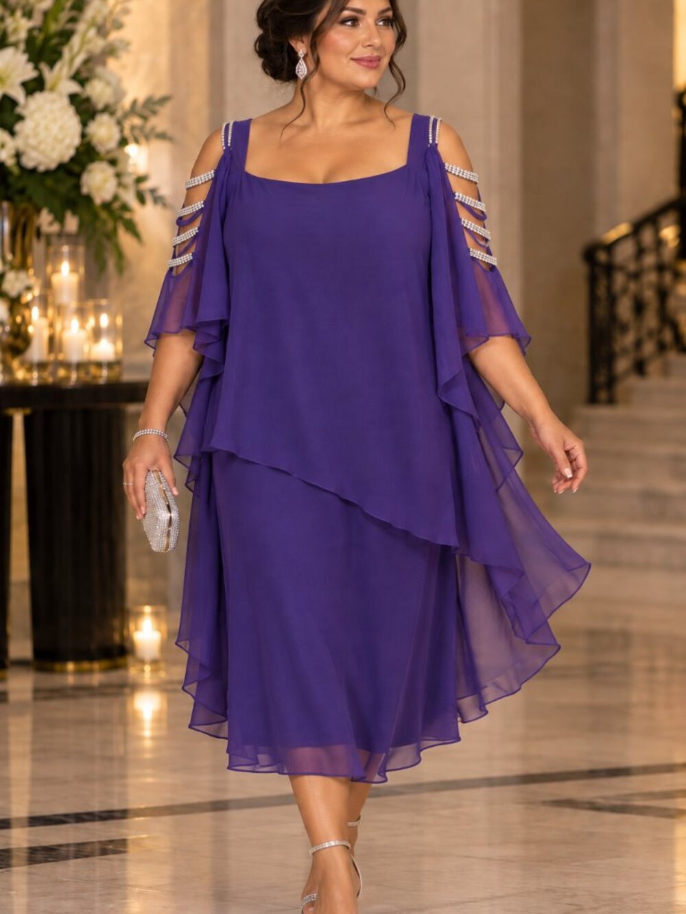 Olivia Matthews Purple Cut Out Rhinestone Chiffon Overlay Sheath Dress Plus 3X